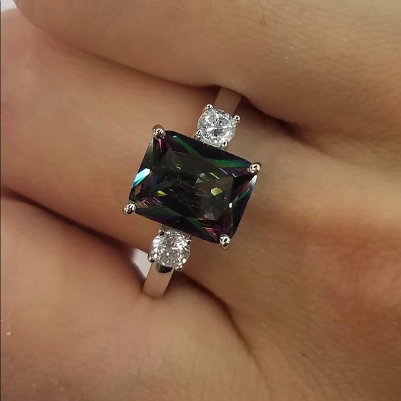 SS 3.5 CT Triple Rectangular Rainbow Topaz CZ Ring - Picture 1 of 4